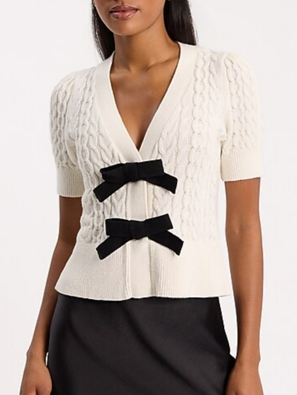 Express Ivory Cable Knit Bow Front Short Sleeve Cardigan - S
